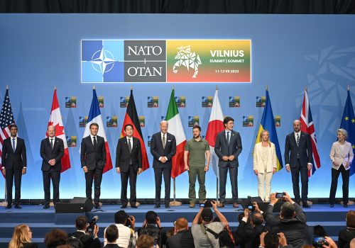 The Leaders of the Group of Seven (G7), reaffirm our unwavering commitment to the strategic objective of a free, independent, democratic, and sovereign Ukraine, within its internationally recognized borders, capable of defending itself and deterring future aggression. at the 2023 NATO Summit seen next to the Main Media Center, in